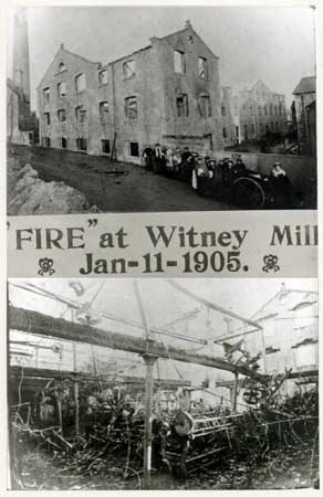 Souvenir photograph of the ruins of Witney Mill after the 1905 fire.