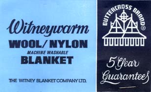 1960s or 1970s Witney Blanket Company Ltd label for a wool and nylon blend blanket.